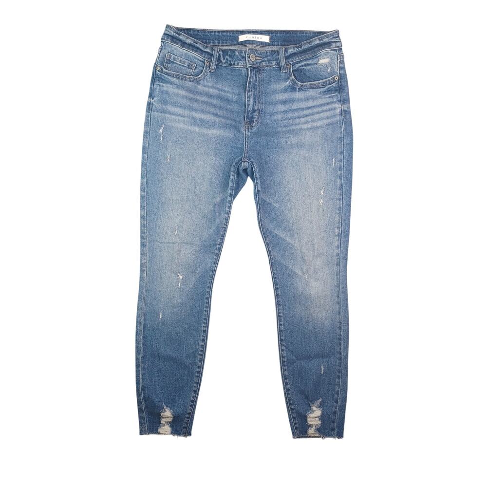 Eunina Jeans Womens Size 11 Blue Josie Mid Rise Skinny Crop Distressed Raw Hem
